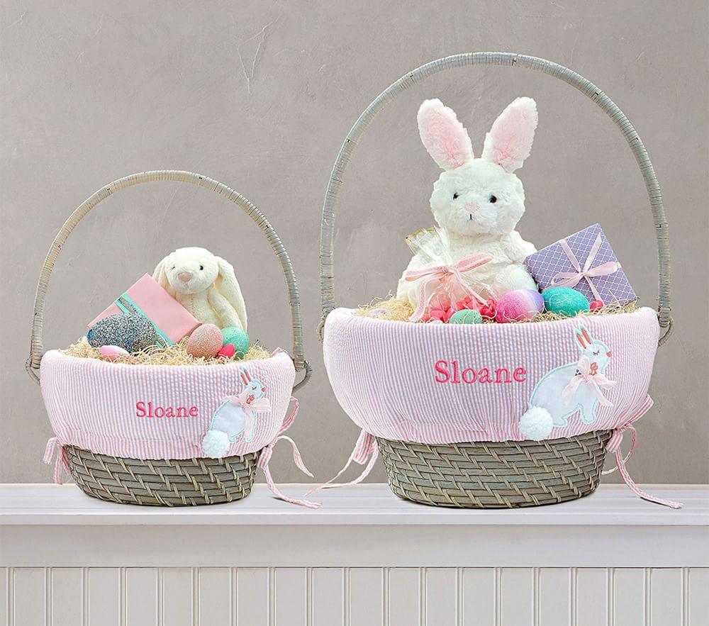Pink Seersucker Applique Bunny Easter Basket Liner